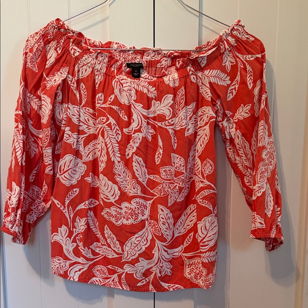 Off-Shoulder Floral Peasant Top - Rusty Orange & White